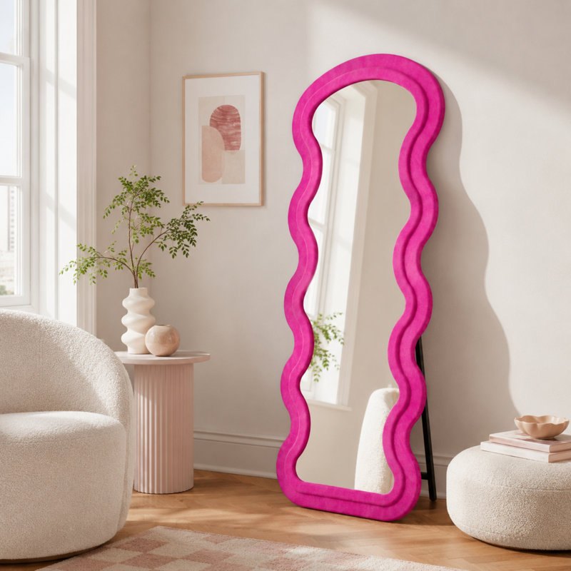 Miroir de plancher en flanelle pleine longueur ondulé avec support pour le salon de la chambre à coucher suspendu ou incliné
