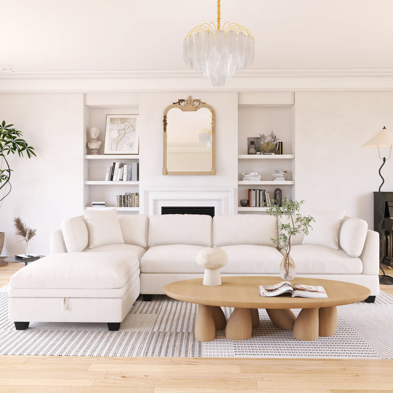 Upholstered Modular Sofa With Removable Storage Ottoman, Beige Polyester