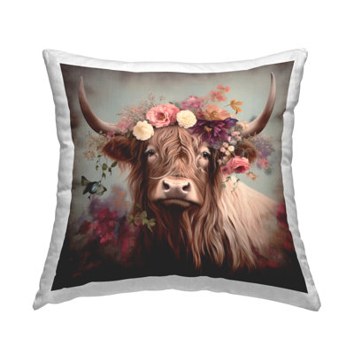 Design de coussin décoratif imprimé Longhorn & Flower Garland par Irena Orlov