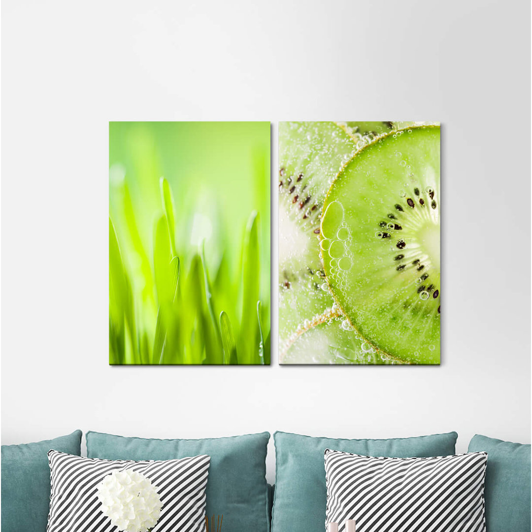 2-tlg. Leinwandbilder-Set - Fotografie „Light Green Blades of Grass Kiwi Fresh Food Kitchen”