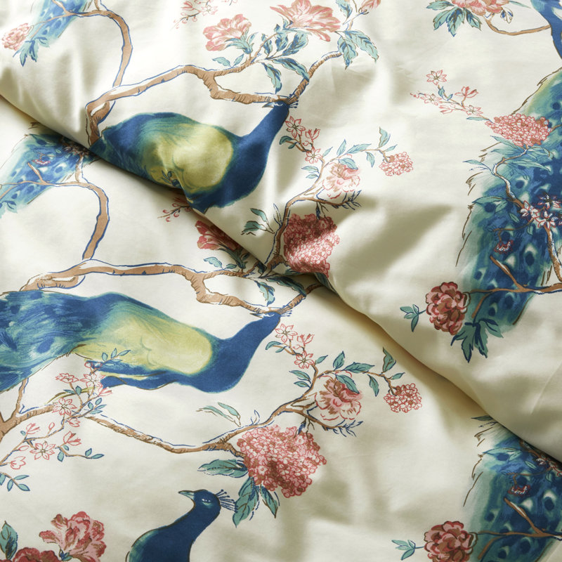 Queen Teal Blue Cotton Satin Floral Duvet Cover Set