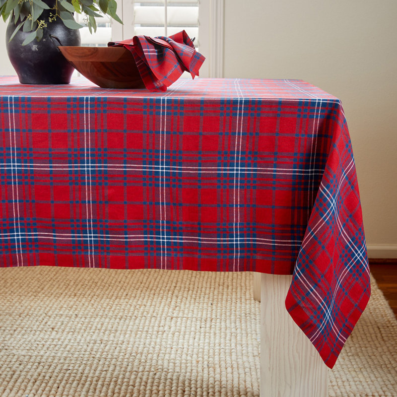 Red Tartan Plaid - 100% Pure Linen Christmas Tablecloth, 120" x 60"