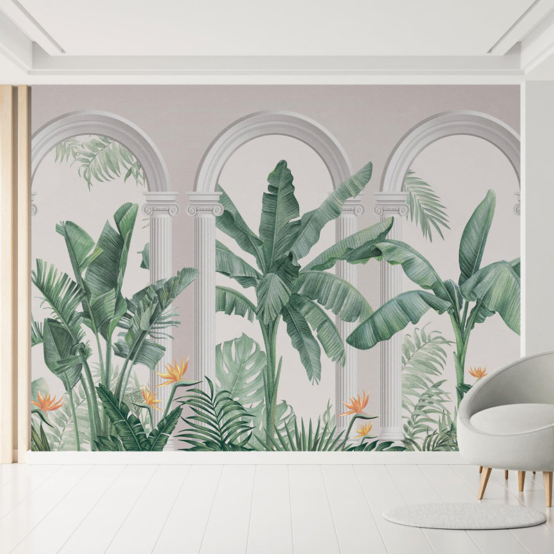 Botanique architecturale élégante avec plantes tropicales et éléments classiques, L 132 po x l 120 po