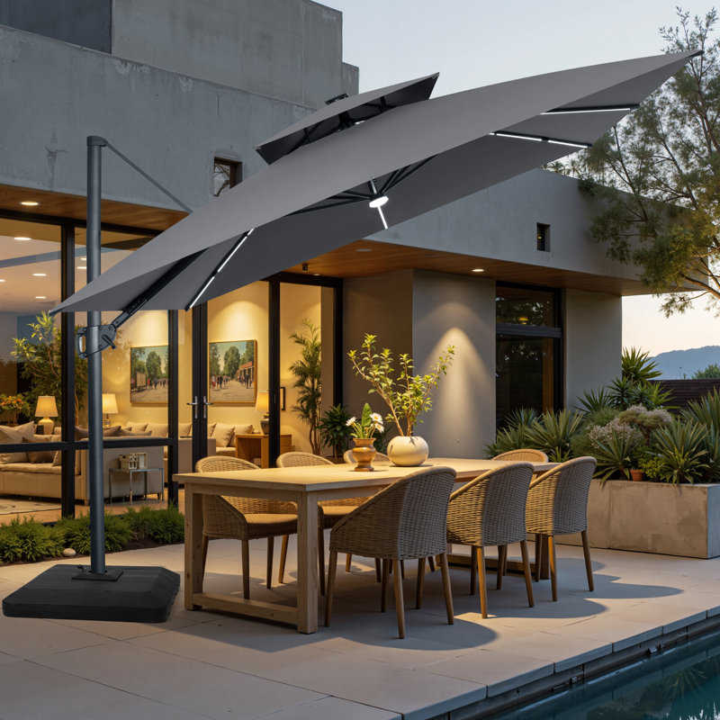 Parasol en porte-à-faux pour terrasse 11 pi x 11 pi à DEL avec base lestée, Gris