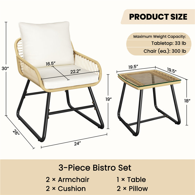 Ensemble bistro 3 pièces avec table basse Boho et 2 chaises avec coussins et coussins, Crème, crème