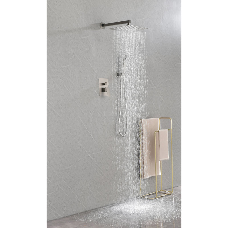 Brushed Nickel Shower Assembly With Head, Hand Shower, Hose, Valve Trim, Lever Handles And Niche. . Yields Natural Rainfall Shower. Self-Cleaning Nozzle. Aligns American Standard Pipe Connections