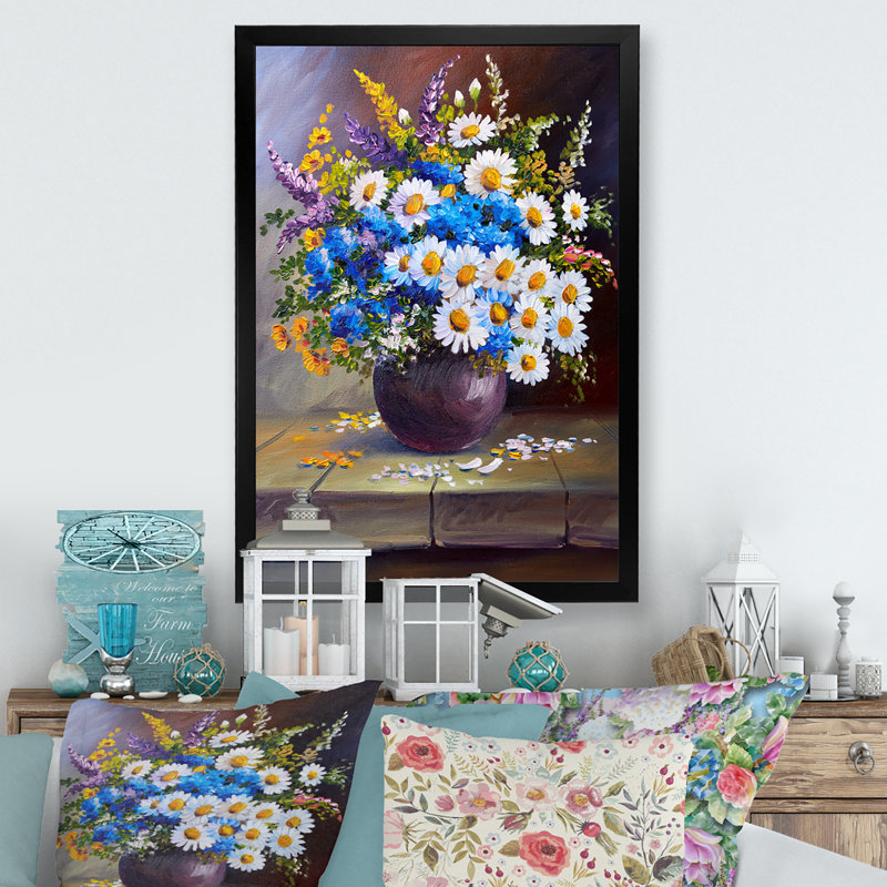 Pot de fleurs marguerites bleues et blanches - Peinture, H 20 po x l 12 po, Cadre photo noir