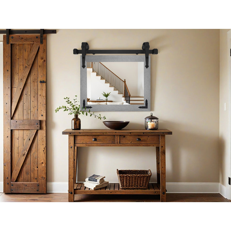 Miroir rustique moderne avec rail de porte de grange en acier et supports de coin décoratifs en métal, 33x34, Argent foncé