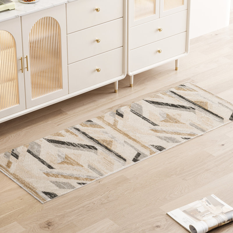 Modern Geometric Turkish Machine Woven Area Rug in Black/Beige/Gray, Runner 2' x 8'