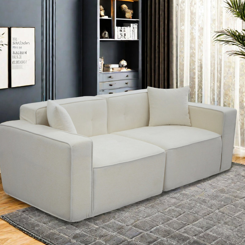 Lit moderne en velours 3 - Revêtement en lin blanc, dossier rembourré, chargement pour chambre à coucher Mid Century, Blanc