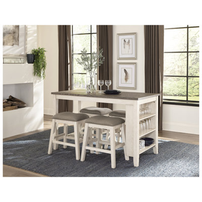 Table de salle à manger à hauteur de comptoir moderne avec tablettes intégrées, fini blanc antique et brun rosé, table de cuisine rectangulaire en bois pour 4