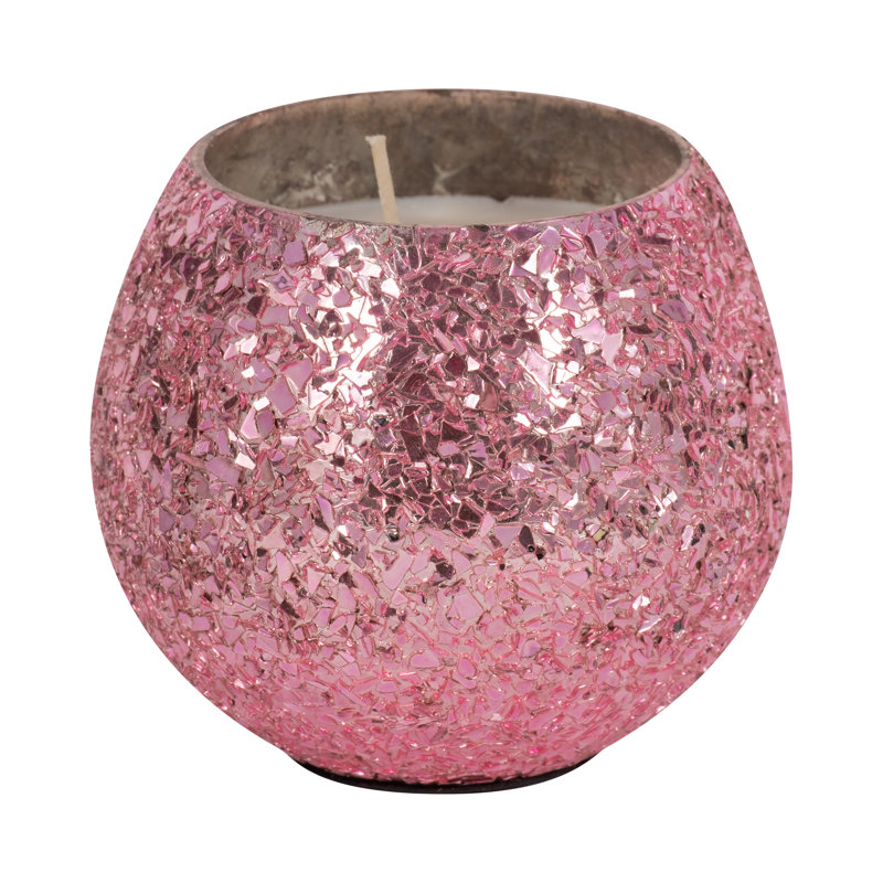 4" Glass Crackled Candle - Contemporary Glam 11oz Pink Santal Vanilla Scented Decorative Candle - Trendy Home Decor - Easy Candle Gift Idea.