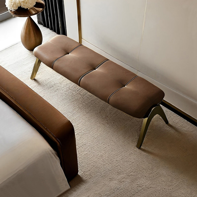 Banc rembourré en similicuir Iacovino, Or / café, H 17,71 po x l 47,24 po x P 17,71 po