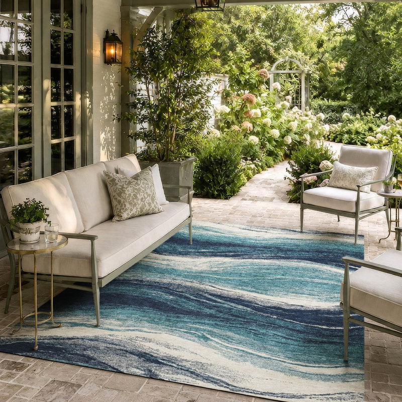 Tapis Chantille ACN3020 Waves, lavable à la machine, pour intérieur et extérieur, Sarcelle, 9 pi x 12 pi