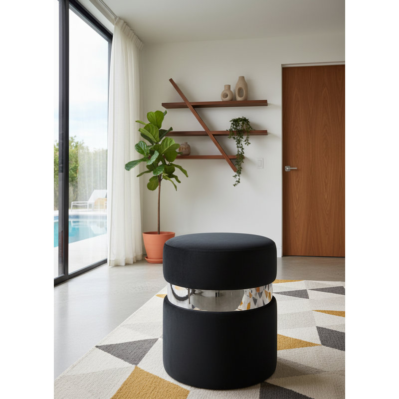 Hailey 14.5" Wide Velvet Round Cocktail Ottoman, Black Velvet, Chrome