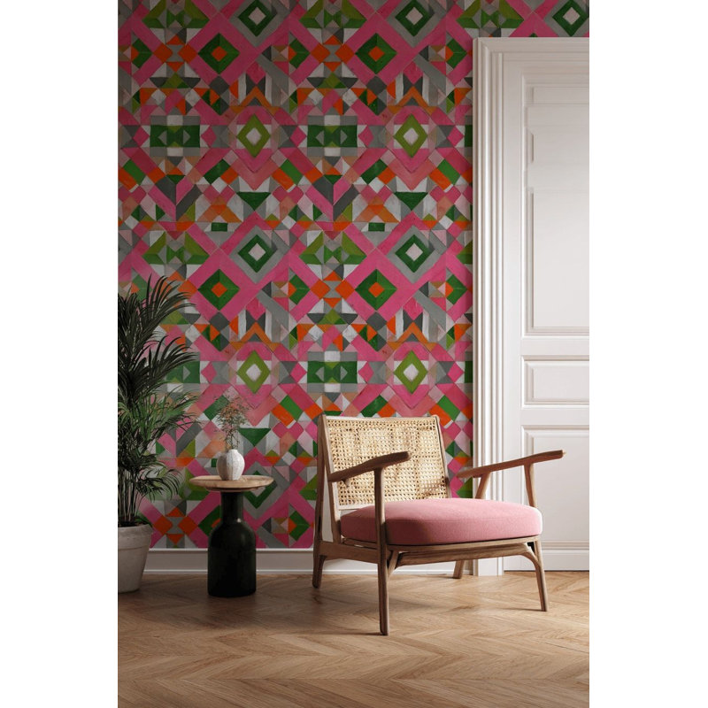 Papier peint abstrait géométrique à motif géométrique rose vert orange
