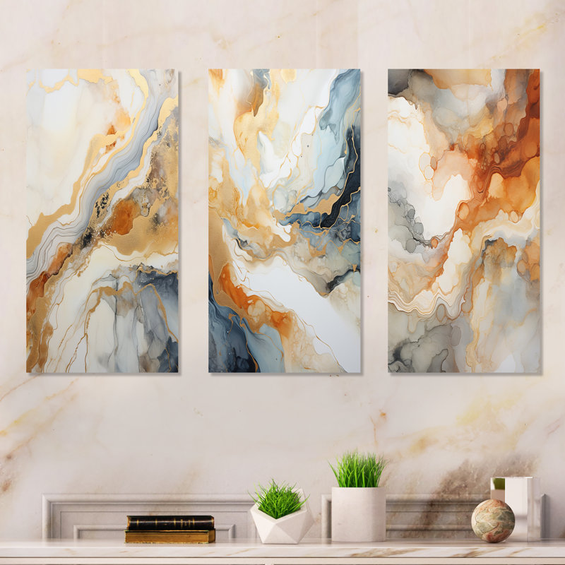 Abstract Beige And Gold Geyser Paint - Abstract Shapes Metal Wall Art Set Of 3, 28" H x 36" W