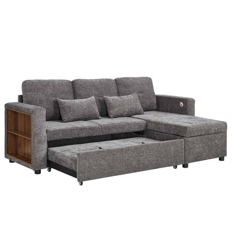 Convertible Sofa Bed With Reversible Storage Chaise And Usb, Grey