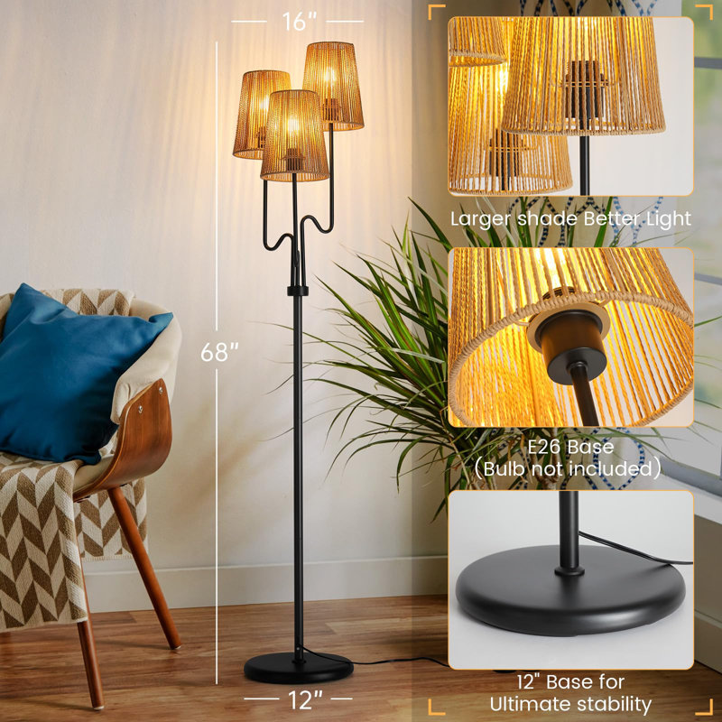 Boho Floor Lamp, 68In. Rattan Floor Lamp With Rattan Shade,3 Light Tree Standing Lamp For Bedroom,Nursery,E26 Socket, Living Room Floor Lamp(Black)