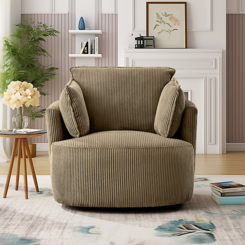 37.1'' Wide Corduroy Swivel Barrel Chair With 2 Armrest Pillows, Camel Corduroy, 1