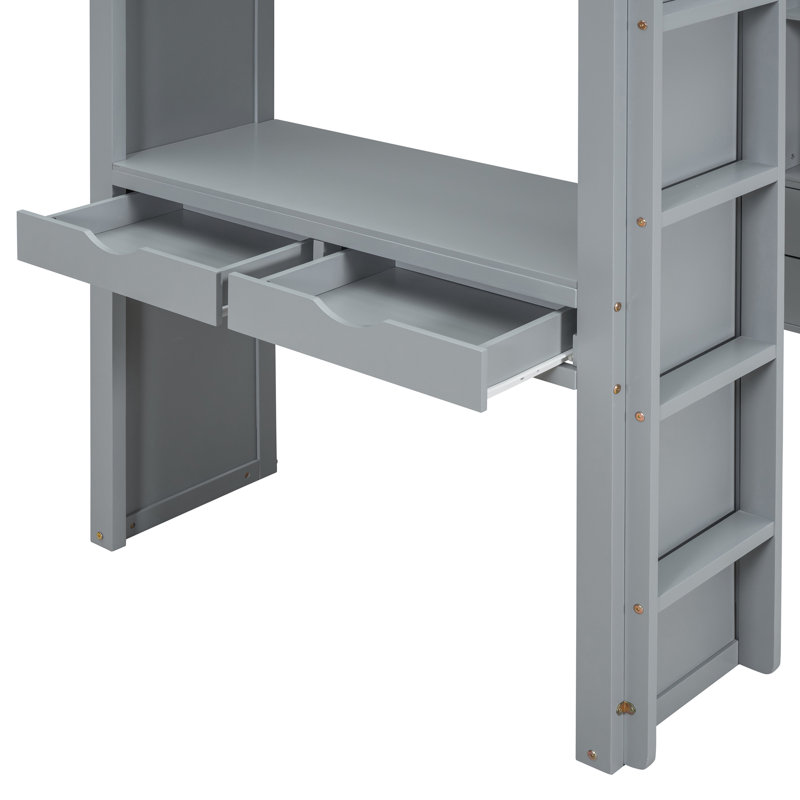 Lit mezzanine gris avec tablettes énormes, bureau fonctionnel, éclairage à DEL - Taille élégante et sécuritaire avec suffisamment d'espace de rangement pratique