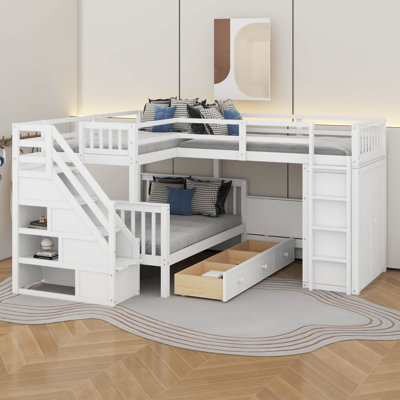 Twin-Twin Over Full L-Shaped Bunk Bed With Desk,Drawers And Wardrobe by Harriet Bee