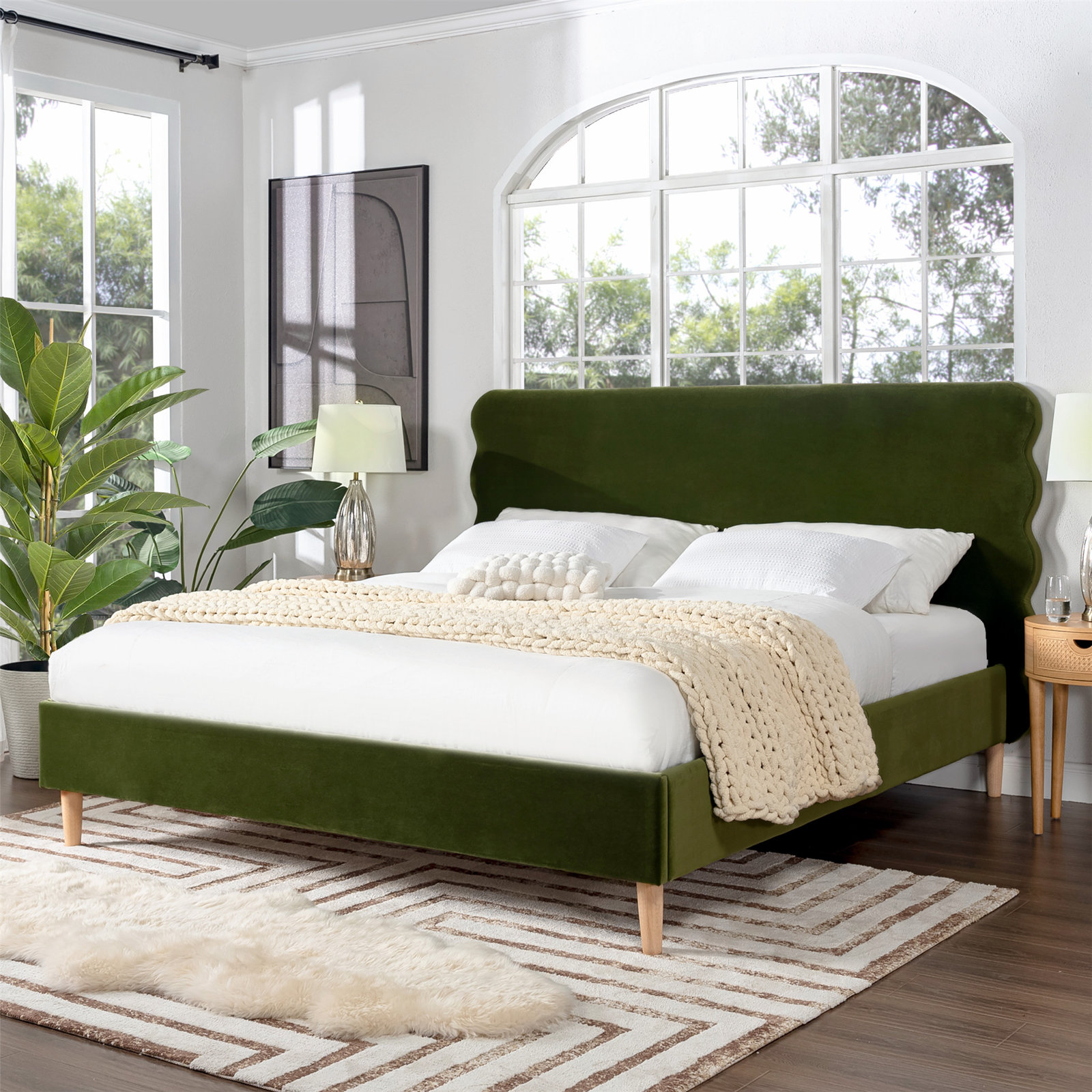 Henley Upholstered Scalloped Bed, Olive Green Velvet, King