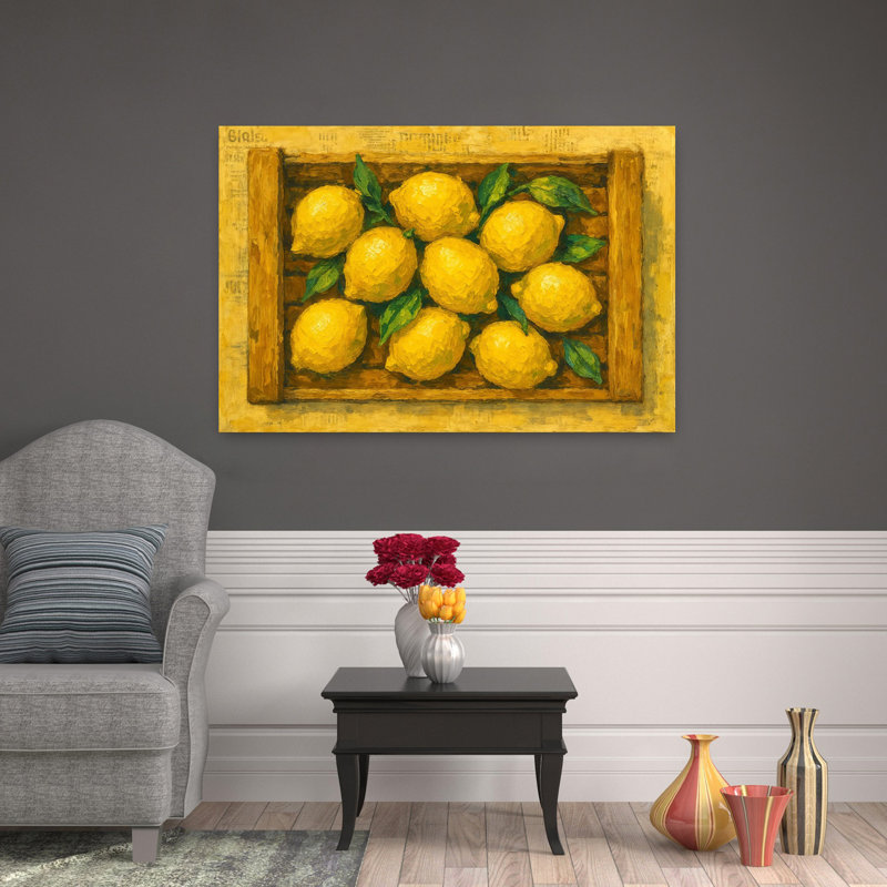 Art contemporain contemporain abstrait citrons jaunes dans une caisse en bois, H 48 po x l 32 po