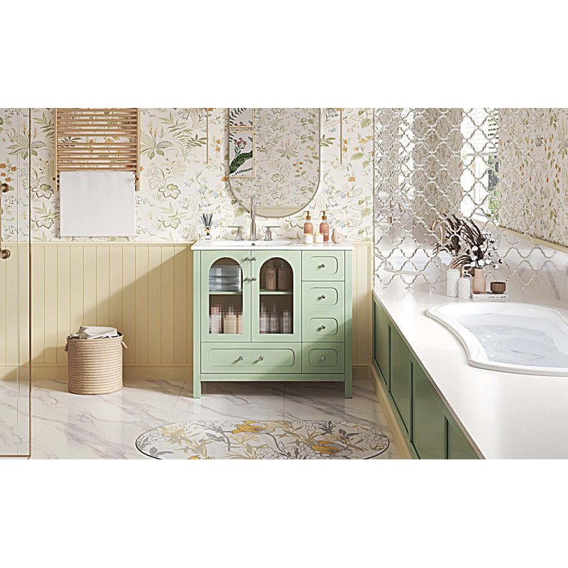 36" Bathroom Vanity with Ceramic Sink, Bathroom Cabinet with 2 Doors and 4 Drawers
