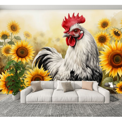Peel and Stick Wallpaper Rooster Surrounded by Sunflowers Vibrant Nature Scene Wall Murals 100"H x 144"W Removable PVC Wall Paper Self-Adhesive Wall Decor for Bedroom Living Room Home Office
