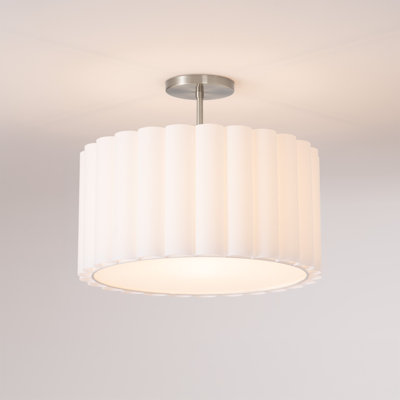 Scallop 4"D Semi Flush Mount Kit - Drum White Linen Shade, Satin Nickel Steel Body & Base, Dimmable, Modern Ceiling Light Fixture