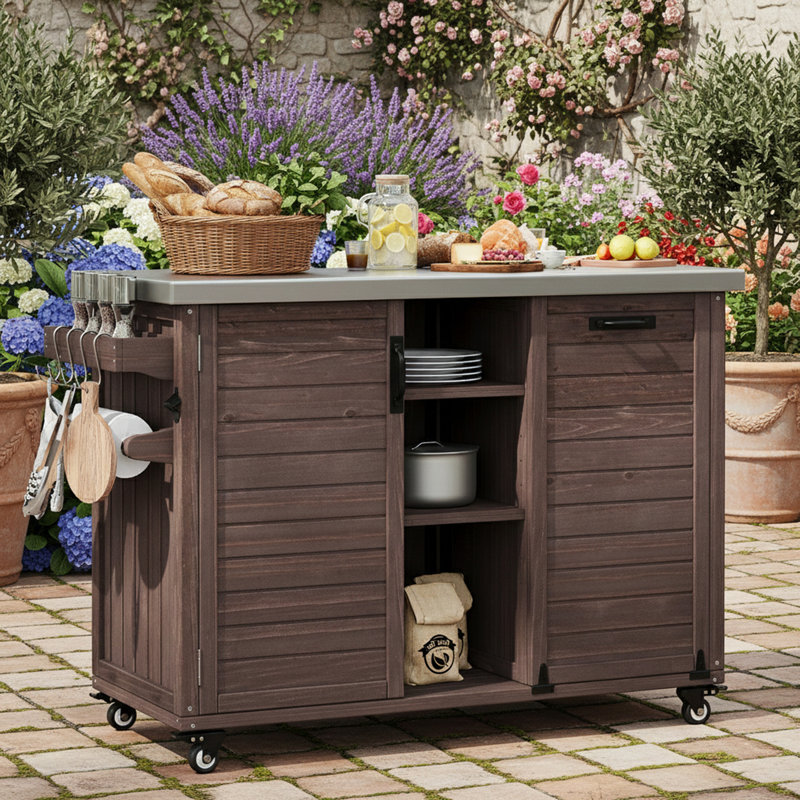 Îlot de cuisine en acier inoxydable avec table de barbecue pliable et rangement pour poubelle, Marron foncé
