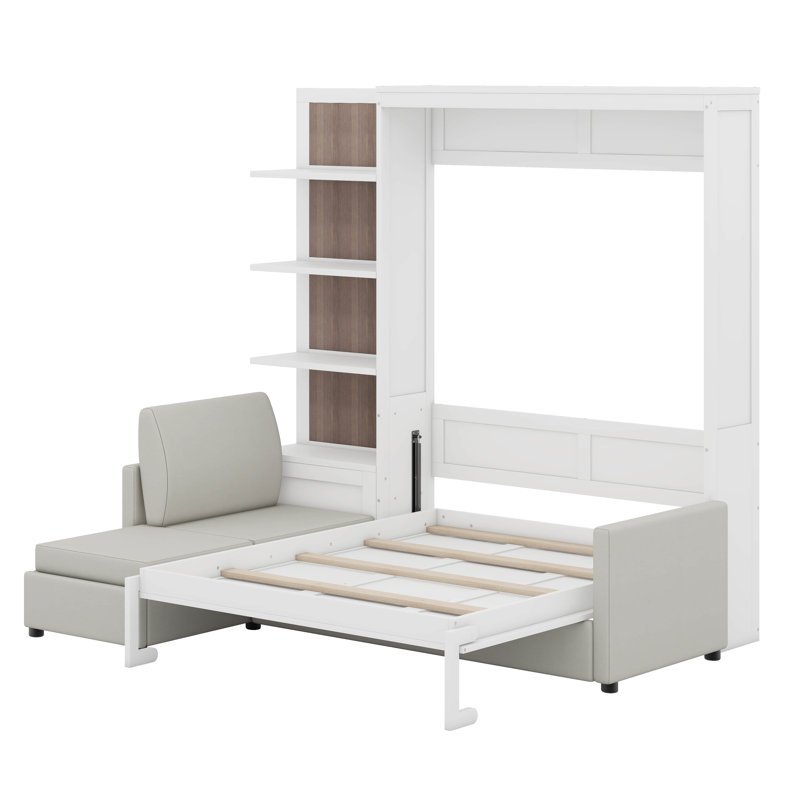 Lit escamotable avec canapé modulaire et tablettes de rangement réversibles, grand, Blanc
