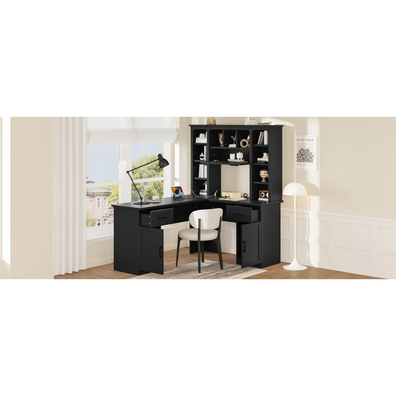 Bureau d'ordinateur en L avec 2 armoires et 2 tiroirs sous la table, 11 tablettes ouvertes et une tablette rabattable avec rangement sur le côté droit, convenant pour le bureau, le salon et le bureau
