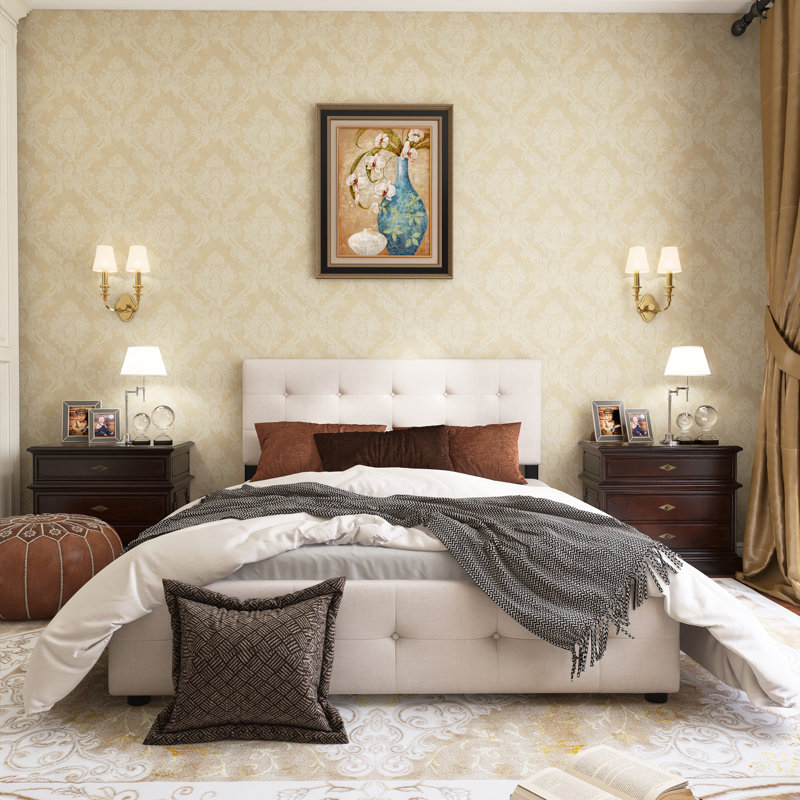 Grand lit plateforme tapissier à 4 tiroirs, Beige