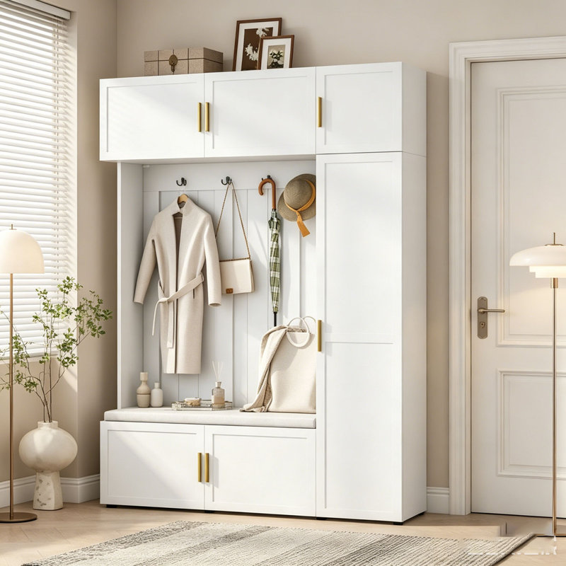 4-in-1 Hall Tree with Padded Bench, 4 Hooks, and Multi-Tier Storage Shelves, Ancient White