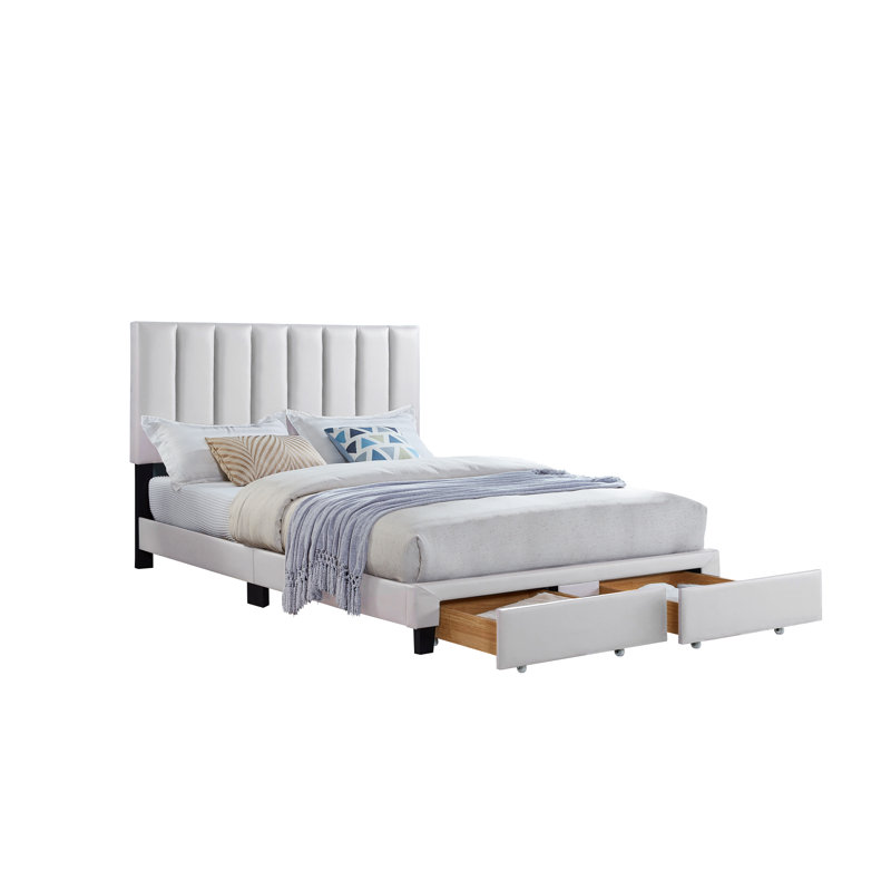 Lit plateforme tapissier avec tiroirs et tête de lit capitonnée réglable, blanc, lit double, Double, Blanc