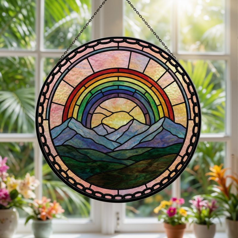 7.8"H Rainbow Mountains Stained Glass Window Panel, 7.8" H x 7.8" W 
