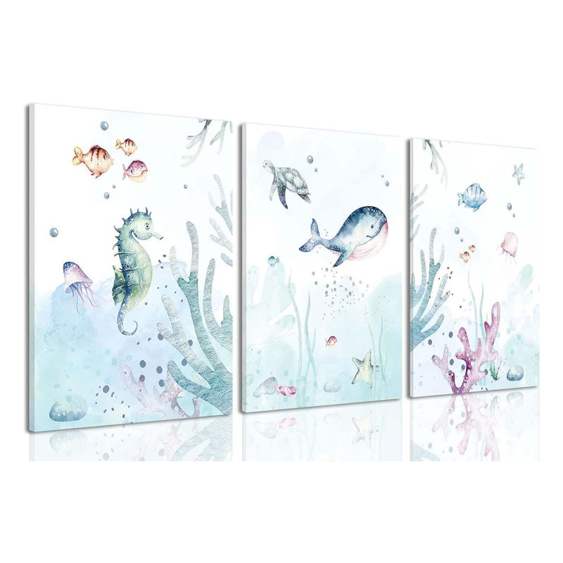 Ocean Nursery Decor, Set Of 3 Room Sea Animal Wall Art Picture Canvas Prints, 12X16 Inch Framed