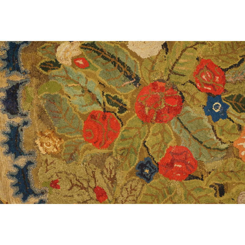 Antique 19th Century Floral Folk Art Design American Hooked Rug