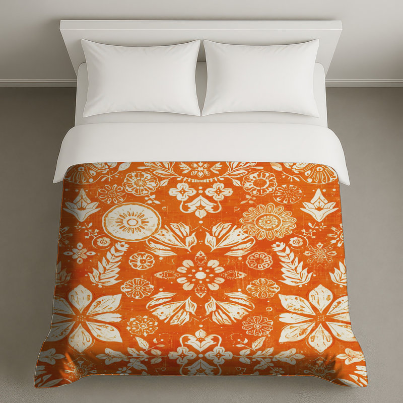 Housses de couette à motif floral orange, Très grand lit