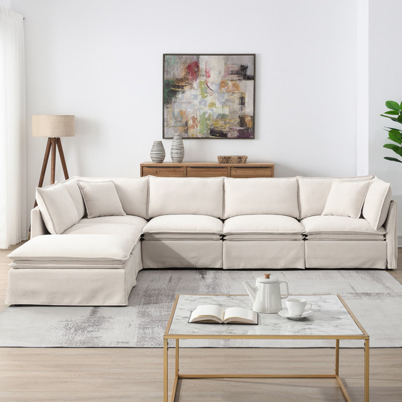 Canapé modulaire avec repose-pieds 125,5 po Brinsley, Blanc cassé