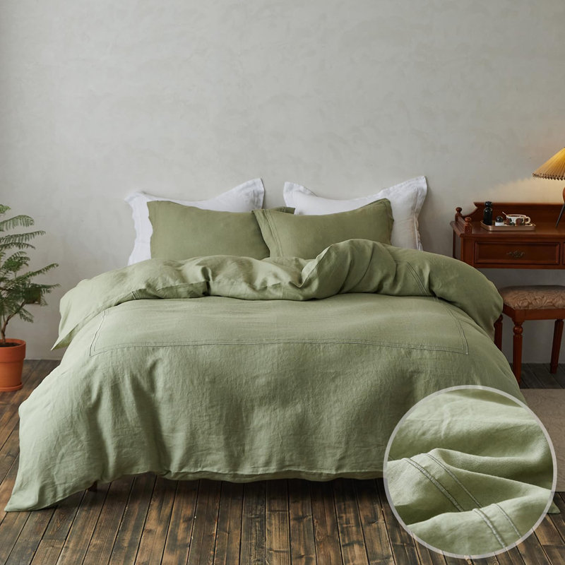 100% Washed Linen Duvet Cover Set-3 Pieces 1 Duvet Cover And 2 Pillowcases, Embroidery Sage Green