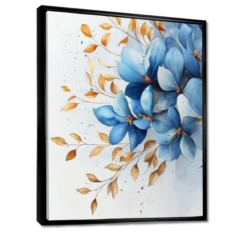 Mone Blue Gold Plumeria Radiance - art mural Plumeria pour le salon, H 44 po x l 34 po, Reproduction avec cadre flottant