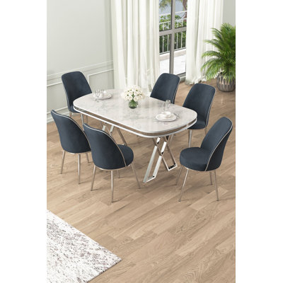 Modern Dining Table & Chairs Set (7 Pieces), White Lacquer & Chrome, 66.1 x 29.9 x 35.4 inches | Metal Legs, Babyface Fabric Chairs, 6 Chairs (17.7 x 35.8 x 16.5 inches) | Elegant Marble Design for Home & Hospitality