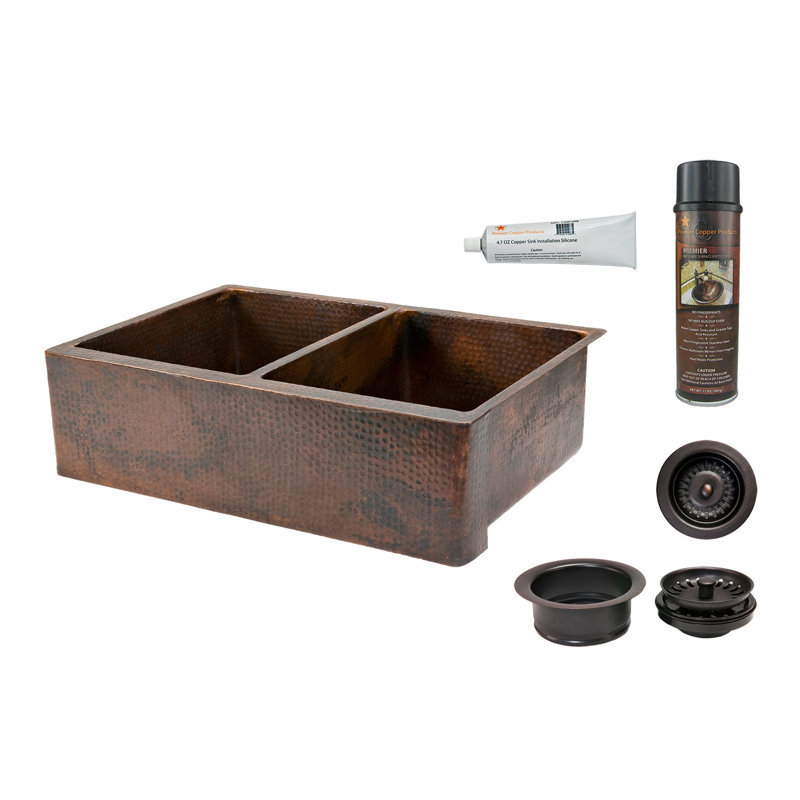 33" Hammered Copper Kitchen Apron 50/50 Double Basin Sink with Matching Drains, and Accessories