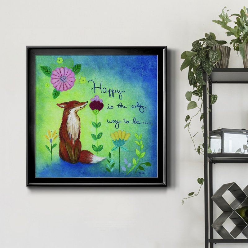 Happy Fox - peinture sur toile encadrée, H 30,5 po x l 30,5 po x P 1,5 po, Cadre noir