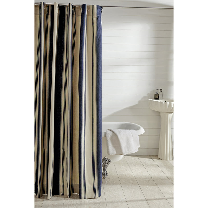 Carmon Cotton Striped Shower Curtain, Blue