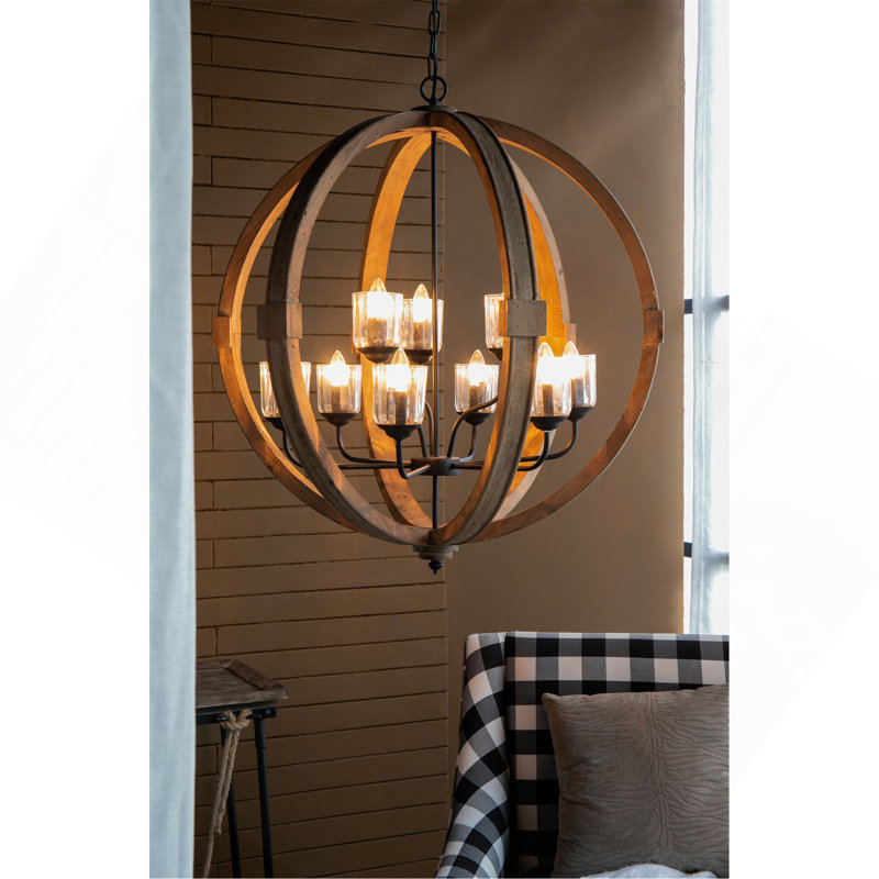 9- Light Globe Chandelier, Wood Chandelier Hanging Light Fixture With Adjustable Chain For Kitchen Dining Room Foyer Entryway, Bulb Not Included