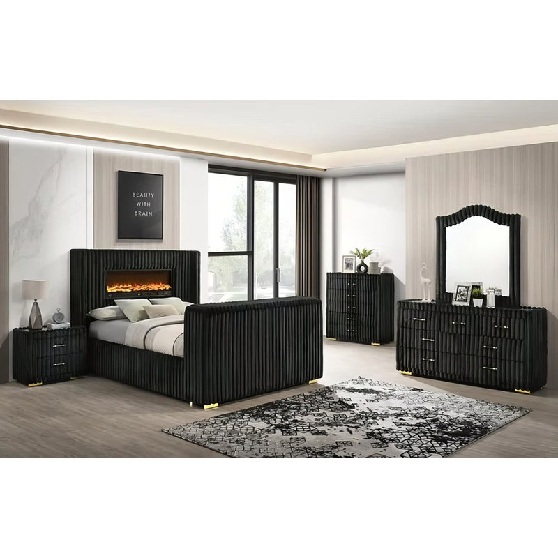 Henna Black 5 Piece Bedroom King, Black, King
